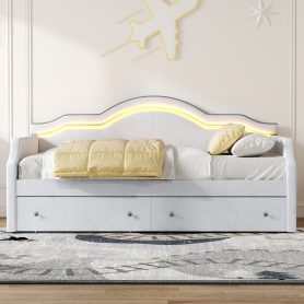 Full Size Upholstered Daybed with LED and 2 Drawers