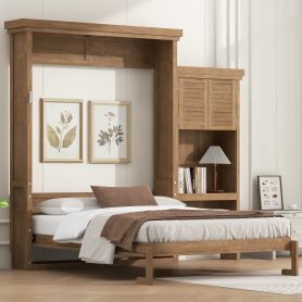 Queen Size Murphy Bed with Multiple Storage Shelves and Louvered Style Decoration