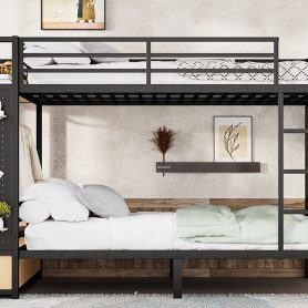 Metal Queen over Queen Size Bunk Bed with Storage Shelves, Drawers and Pegboard