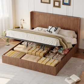 Wooden Platform Bed Frame With Lift Storage, King