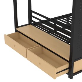 Metal Queen over Queen Size Bunk Bed with Storage Shelves, Drawers and Pegboard