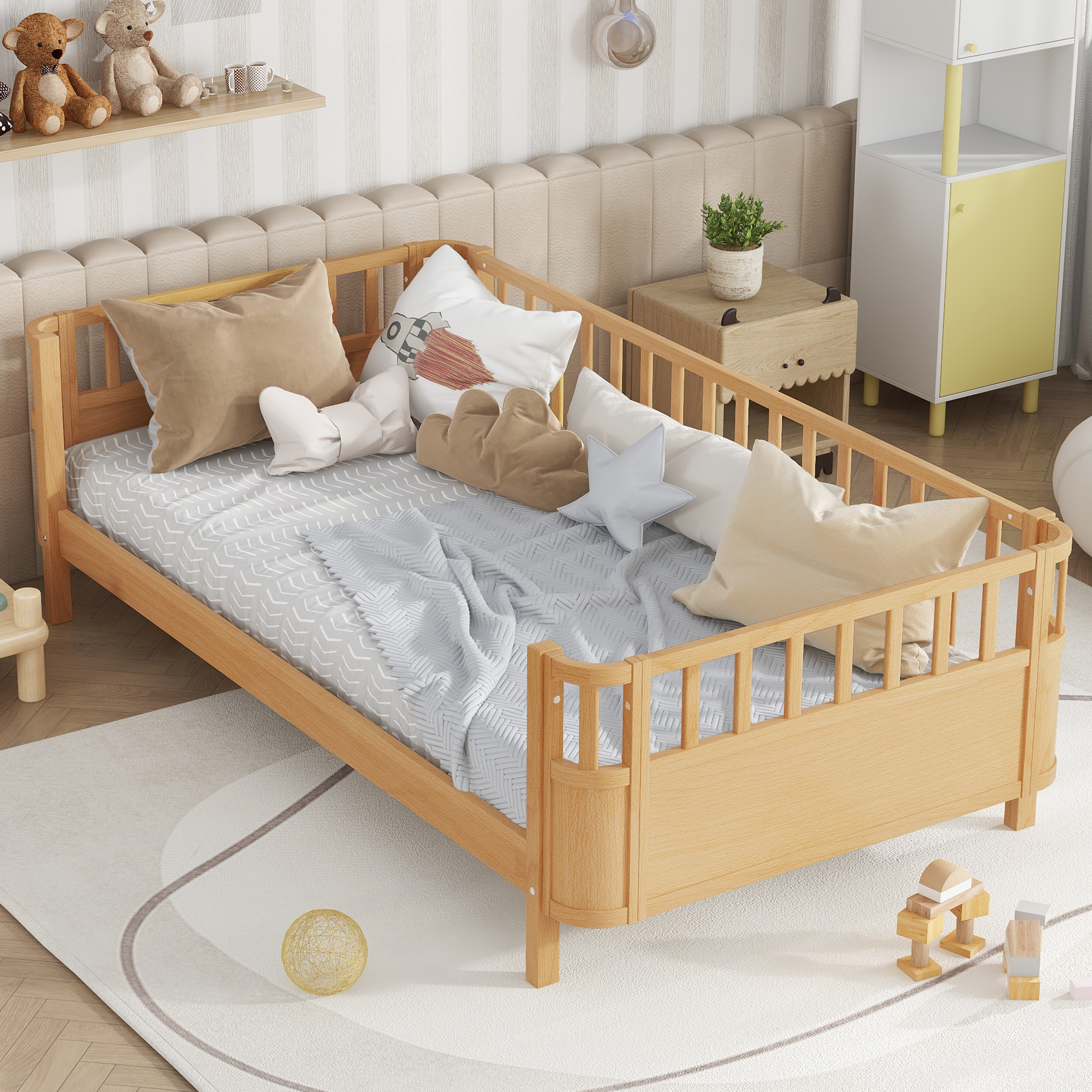 Twin Size Wood Platform Bed with Safety Guardrails And Detachable Fence