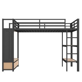 Metal Queen Size Loft Bed Frame With Wardrobe, Storage Shelves And Pegboard