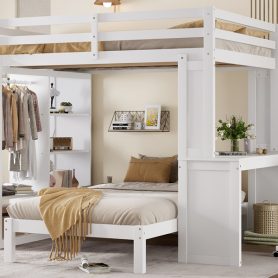 Solid Wood Queen Over Twin Bunk Bed With Dismountable Lower Bed, Desk, Built-in Shelves And Wardrobe
