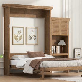 Queen Size Murphy Bed with Multiple Storage Shelves and Louvered Style Decoration