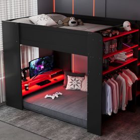 Full Size Wood Bunk Bed with height-adjustable Desk,Wardrobe,Ample Storage Space,and RGB Light