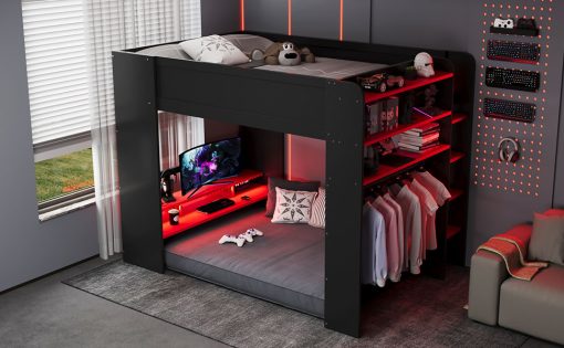 Full Size Wood Bunk Bed with height-adjustable Desk,Wardrobe,Ample Storage Space,and RGB Light
