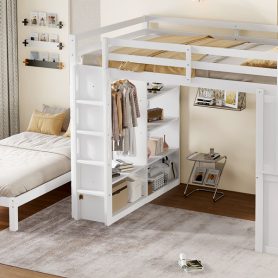 Solid Wood Queen Over Twin Bunk Bed With Dismountable Lower Bed, Desk, Built-in Shelves And Wardrobe