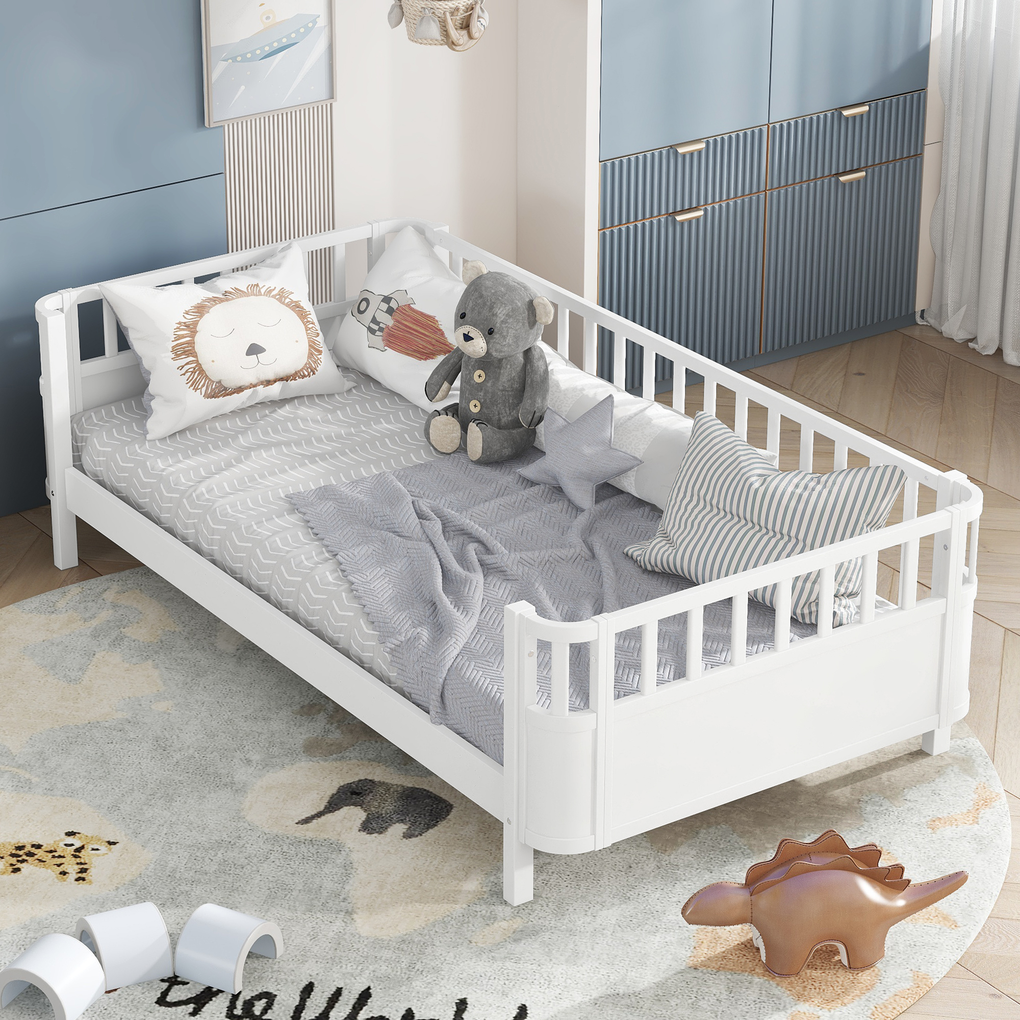 Twin Size Wood Platform Bed with Safety Guardrails And Detachable Fence