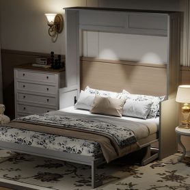 Queen Size Murphy Bed with Desk, LED Lights and USB Charging Station