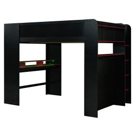 Full Size Wood Bunk Bed with height-adjustable Desk,Wardrobe,Ample Storage Space,and RGB Light