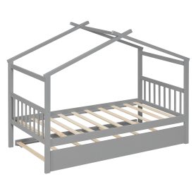 Twin Size Wooden House Bed with Twin Size Trundle