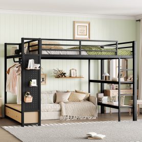 Metal Queen Size Loft Bed Frame With Wardrobe, Storage Shelves And Pegboard