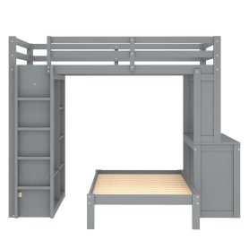 Solid Wood Full Xl/Full Over Twin Bunk Bed With Dismountable Lower Bed, Desk, Built-in Shelves And Wardrobe