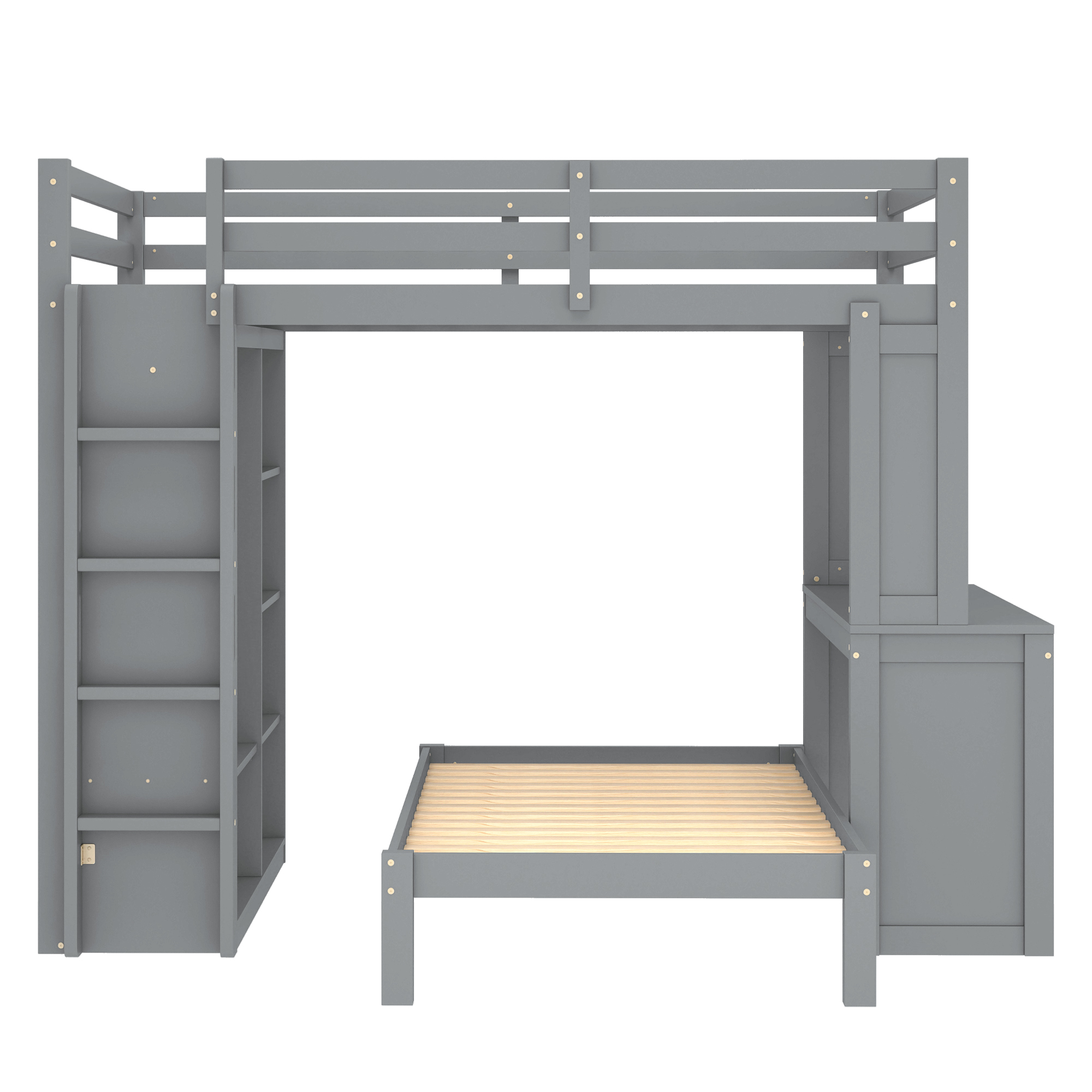 Solid Wood Full Xl/Full Over Twin Bunk Bed With Dismountable Lower Bed, Desk, Built-in Shelves And Wardrobe