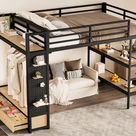 Metal Full Size Loft Bed Frame With Wardrobe, Storage Shelves And Pegboard