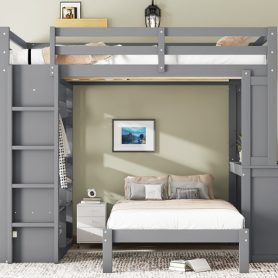 Solid Wood Full Xl/Full Over Twin Bunk Bed With Dismountable Lower Bed, Desk, Built-in Shelves And Wardrobe