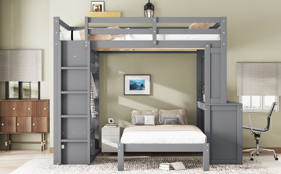 Solid Wood Full Xl/Full Over Twin Bunk Bed With Dismountable Lower Bed, Desk, Built-in Shelves And Wardrobe