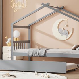 Twin Size Wooden House Bed with Twin Size Trundle
