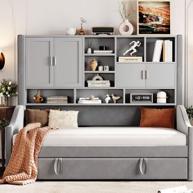 Twin Size Upholstered Daybed with LED Armrest Lights, Storage Shelves & Cabinets