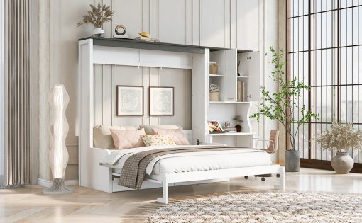 Multi-Functional Murphy Bed with Sofa, Desk, and Storage Cabinet, Queen Size