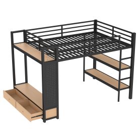 Metal Queen Size Loft Bed Frame With Wardrobe, Storage Shelves And Pegboard