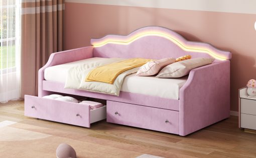 Twin Size Upholstered Daybed with LED and 2 Drawers