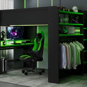 Full Size Wood Bunk Bed with Desk, Wardrobe, Ample Storage Space and RGB Light