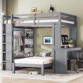 Solid Wood Full Xl/Full Over Twin Bunk Bed With Dismountable Lower Bed, Desk, Built-in Shelves And Wardrobe
