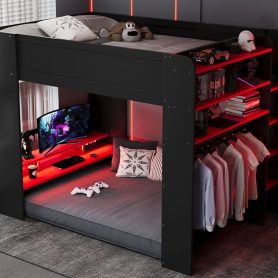 Full Size Wood Bunk Bed with height-adjustable Desk,Wardrobe,Ample Storage Space,and RGB Light