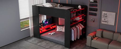 Full Size Wood Bunk Bed with height-adjustable Desk,Wardrobe,Ample Storage Space,and RGB Light