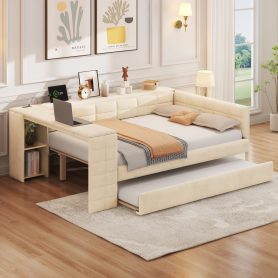 Full Size Upholstered Platform Bed with Storage Shelves, Desk, Charging Station and Trundle