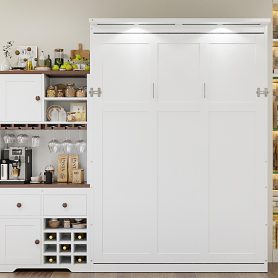 Queen Size Murphy Bed With Storage Cabinet, Wine Rack, Glass Holder, Drawers And Multi-color LED Strip