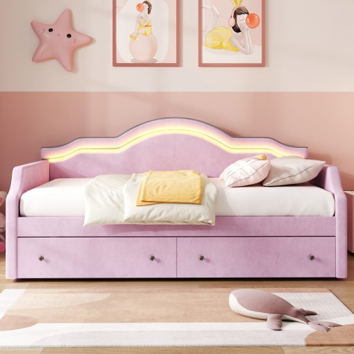 Twin Size Upholstered Daybed with LED and 2 Drawers