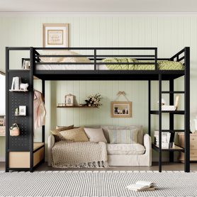 Metal Queen Size Loft Bed Frame With Wardrobe, Storage Shelves And Pegboard
