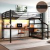 Metal Queen Loft Bed With Desk, Storage Stairs, LED Lights, USB Ports