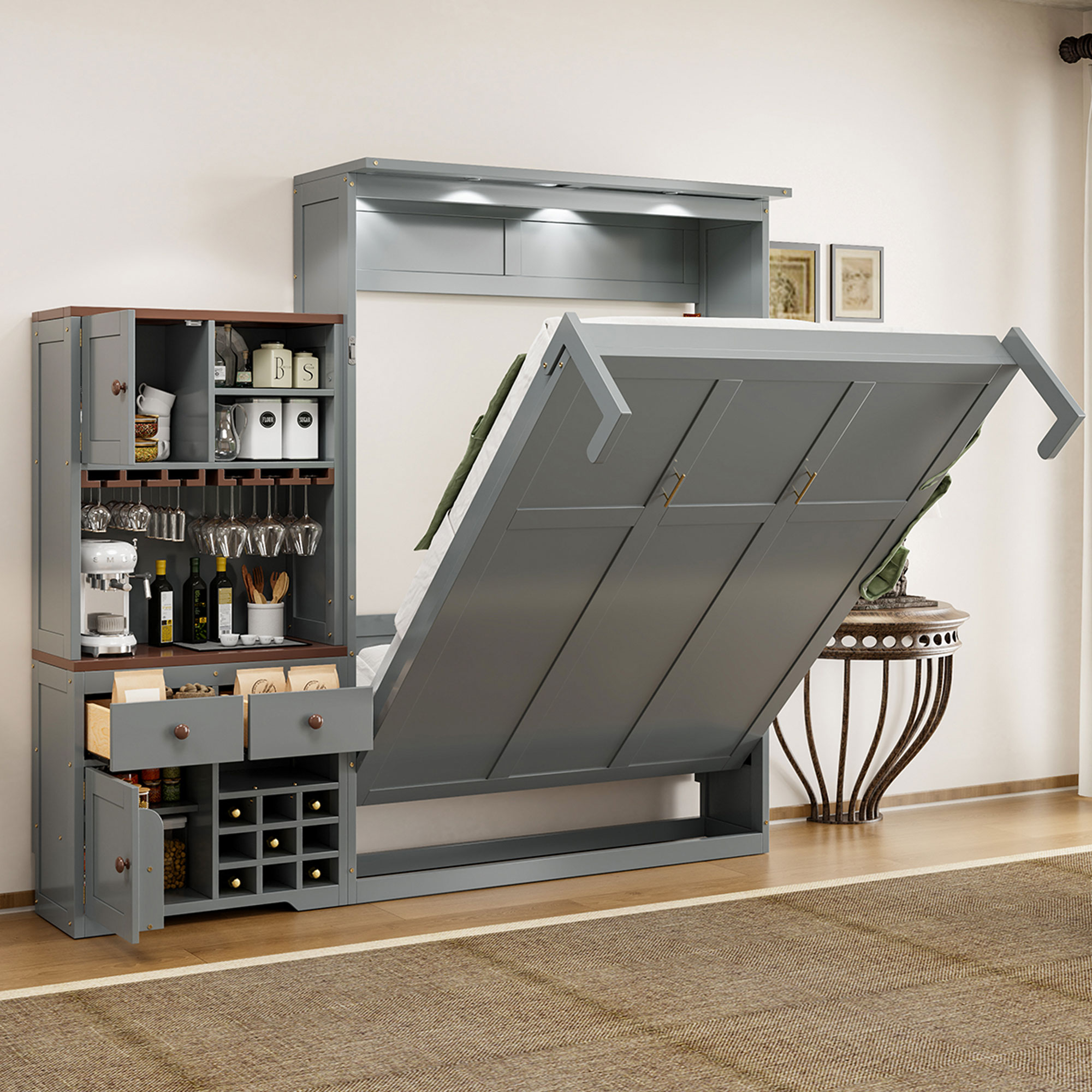Queen Size Murphy Bed With Storage Cabinet, Wine Rack, Glass Holder, Drawers And Multi-color LED Strip