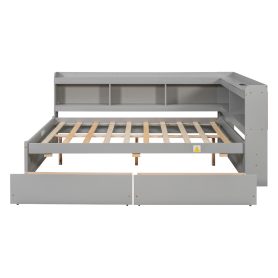 Full Size L-shaped Bookcases Bed with Power Outlets, USB Charging Ports,Two Drawers