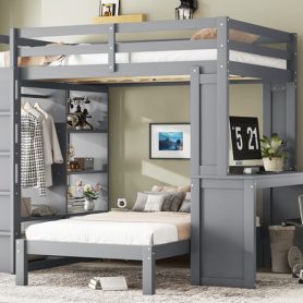 Solid Wood Full Xl/Full Over Twin Bunk Bed With Dismountable Lower Bed, Desk, Built-in Shelves And Wardrobe