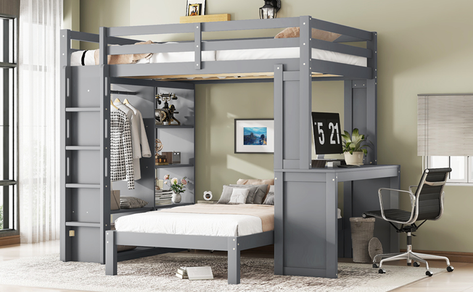 Solid Wood Full Xl/Full Over Twin Bunk Bed With Dismountable Lower Bed, Desk, Built-in Shelves And Wardrobe