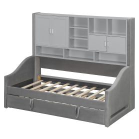 Twin Size Upholstered Daybed with LED Armrest Lights, Storage Shelves & Cabinets