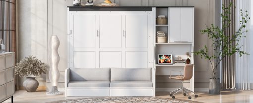 Multi-Functional Murphy Bed with Sofa, Desk, and Storage Cabinet, Queen Size