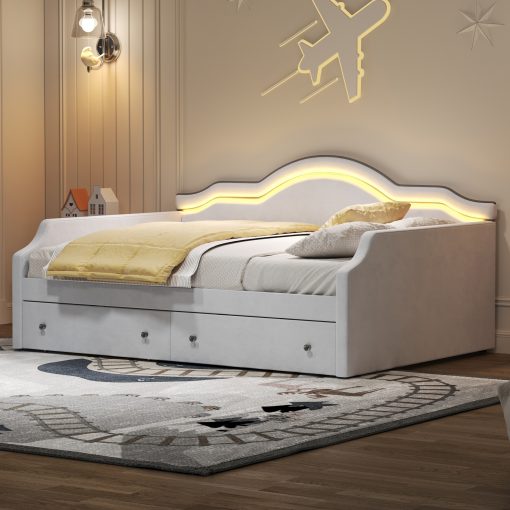 Full Size Upholstered Daybed with LED and 2 Drawers