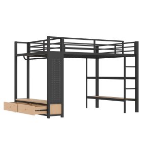 Metal Queen Size Loft Bed Frame With Wardrobe, Storage Shelves And Pegboard