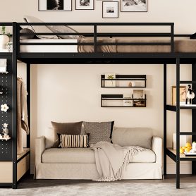 Metal Full Size Loft Bed Frame With Wardrobe, Storage Shelves And Pegboard