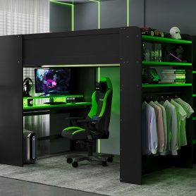 Full Size Wood Bunk Bed with Desk, Wardrobe, Ample Storage Space and RGB Light