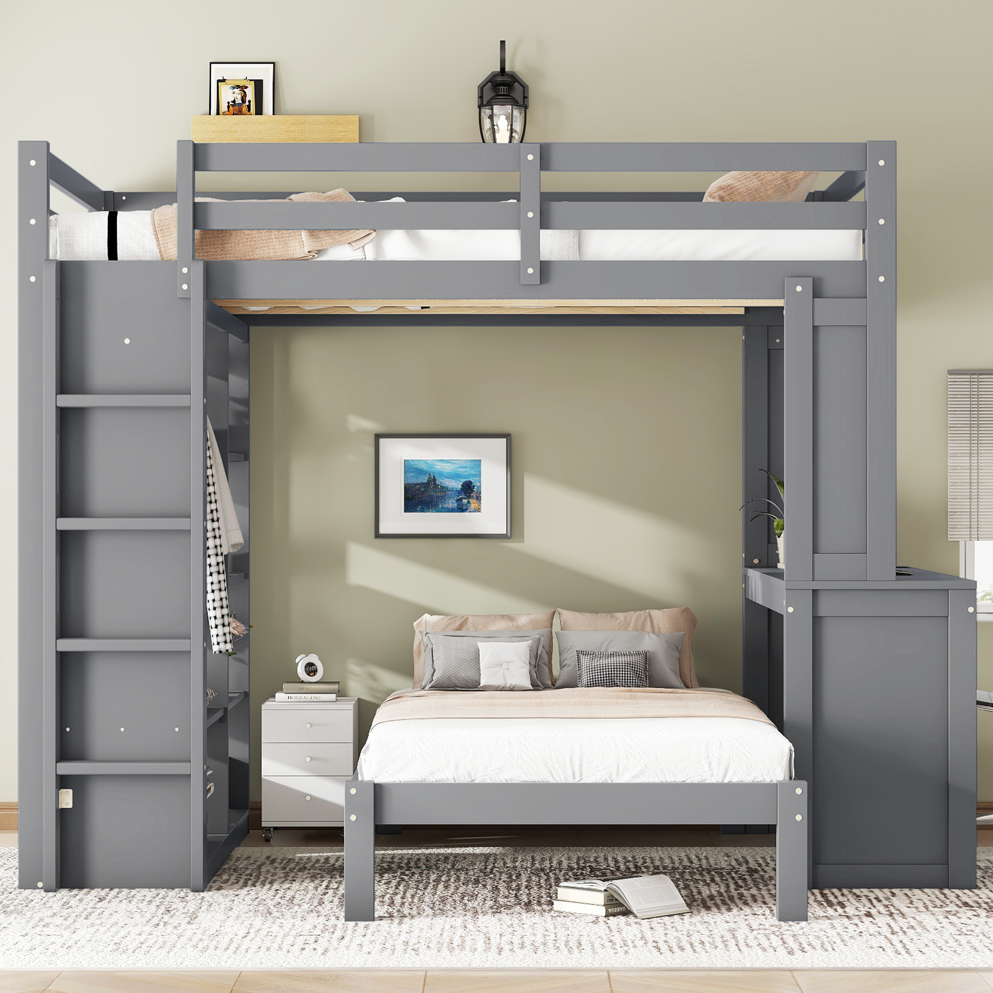 Solid Wood Full Xl/Full Over Twin Bunk Bed With Dismountable Lower Bed, Desk, Built-in Shelves And Wardrobe