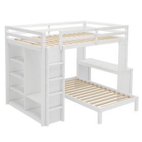 Solid Wood Queen Over Twin Bunk Bed With Dismountable Lower Bed, Desk, Built-in Shelves And Wardrobe