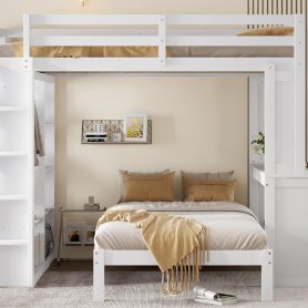 Solid Wood Queen Over Twin Bunk Bed With Dismountable Lower Bed, Desk, Built-in Shelves And Wardrobe