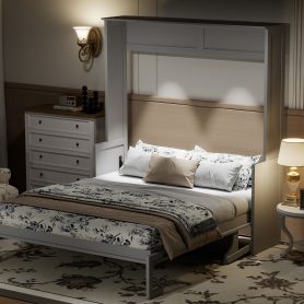 Queen Size Murphy Bed with Desk, LED Lights and USB Charging Station